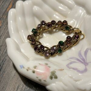 Statement Gold Tone Bracelet with Green and Purple Accents Art Nouveau style